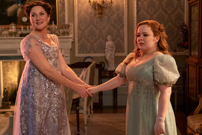 Ruth Gemmell as Lady Violet Bridgerton and Nicola Coughlan as Penelope Featherington in Season 3 of 'Bridgerton'