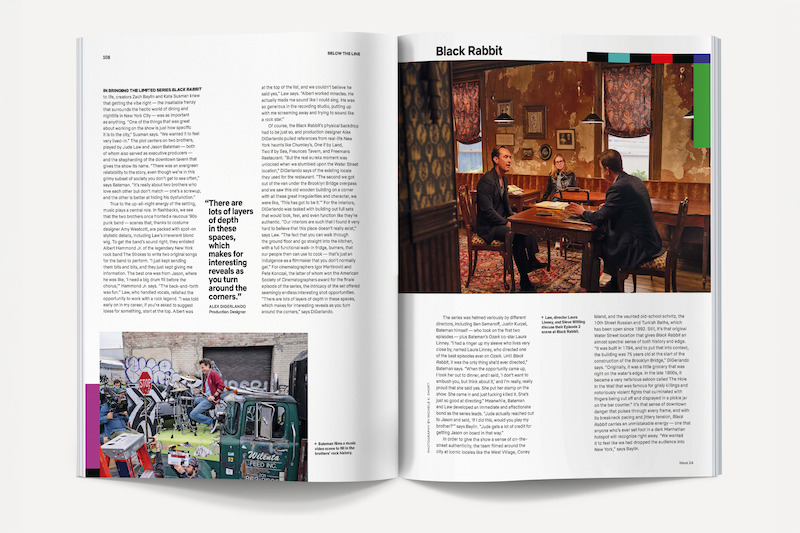Magazine spread showing an interview with articles and photos; left page has people on scooters outside, right page shows three men talking around a table in a warmly lit, vintage-styled room with textured walls and framed art.