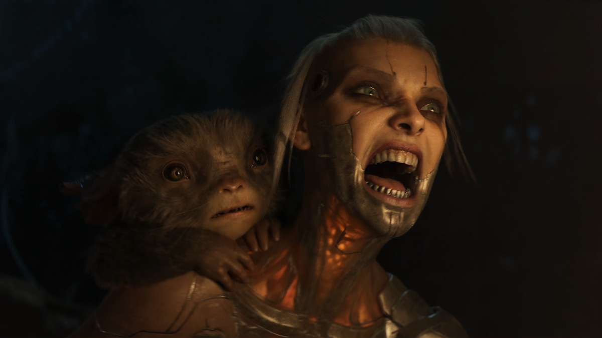 A cyborg woman with a creature on her shoulder “Spider Rose” from ‘Love, Death, + Robots’ Volume 4