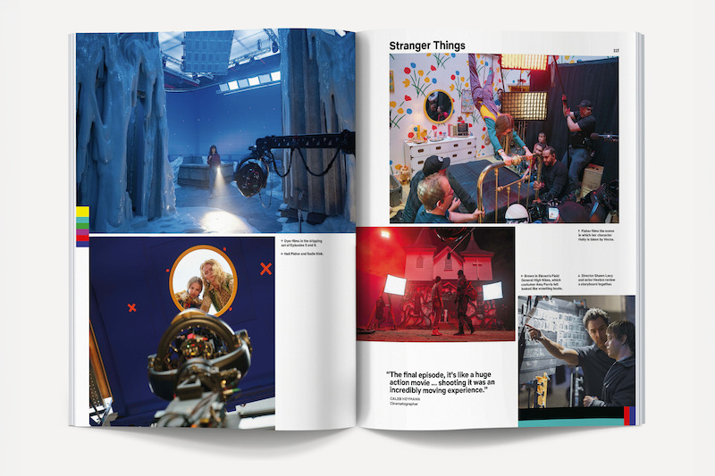 Magazine spread showing behind-the-scenes photos from Stranger Things, including film crews, studio sets, cameras, special effects equipment, and actors on colorful and atmospheric sets with crew members working.