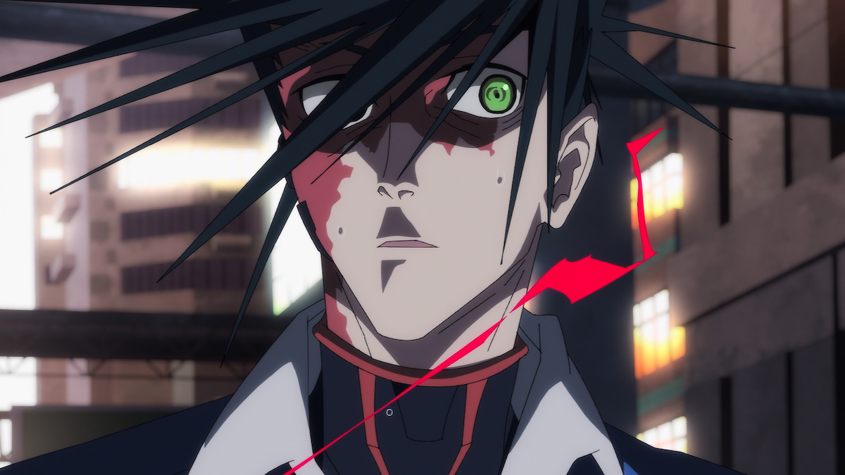 Anime character with green cybernetic eye and messy dark hair stands in a futuristic cityscape, wearing a high-collared jacket. Dramatic shadows and red markings on their face add intensity, suggesting a tense or action-filled scene.