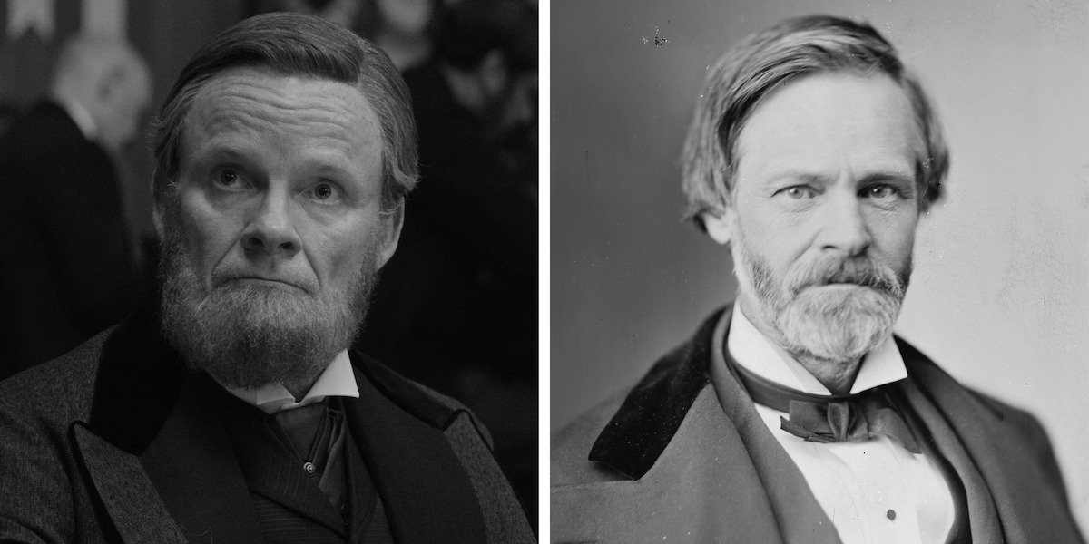 Two black and white portraits of bearded men from the 19th century, both dressed formally in suits, one in a studio and one in a social setting, evoking a serious, historical atmosphere.