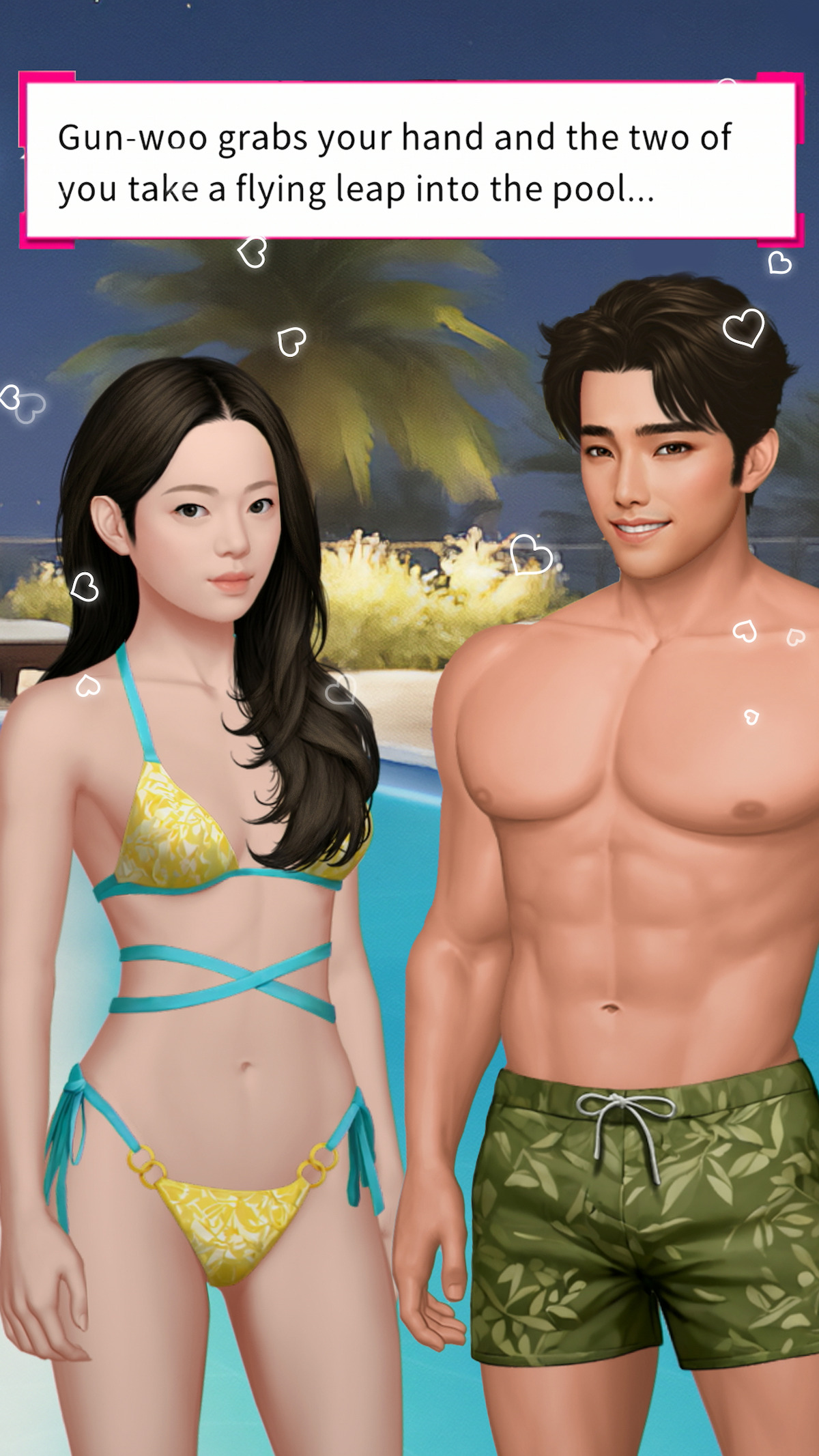 Characters in Singles Inferno standing on a beach