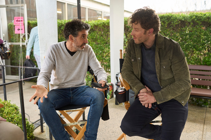 Manifest showrunner Jeff Rake, left, with Josh Dallas (Ben Stone) on set.