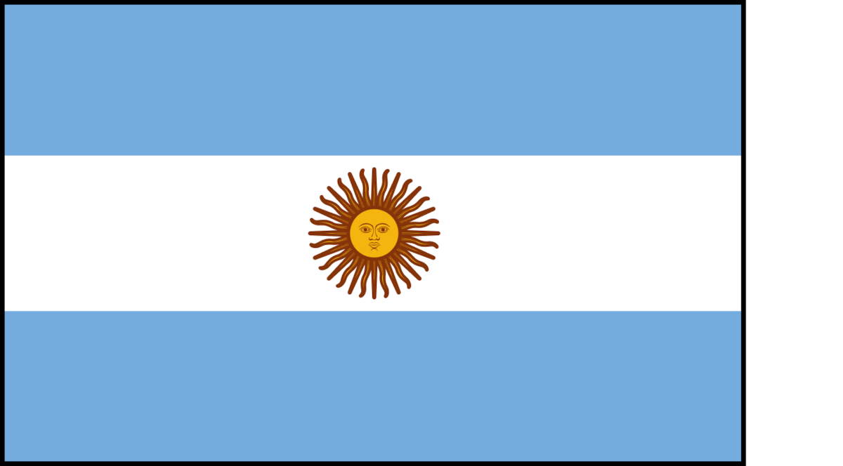 Flag of Argentina with three horizontal stripes: light blue, white, and light blue, featuring a yellow sun with a face (Sun of May) in the center of the white stripe.