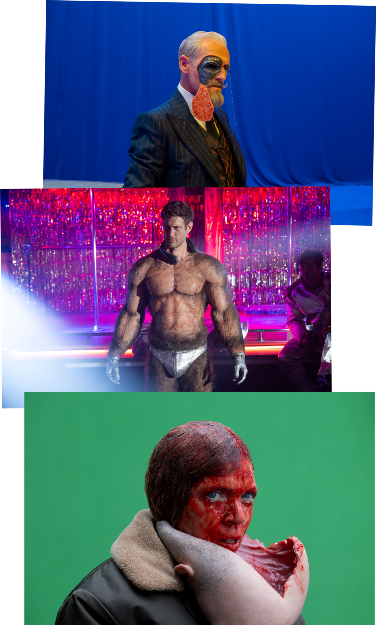 Colm Feore as Reginald Hargreeves, Tom Hopper as Luther Hargreeves and Liisa Repo-Martell as Abigail from the series “The Umbrella Academy” pose backstage in their special effects costumes during production.