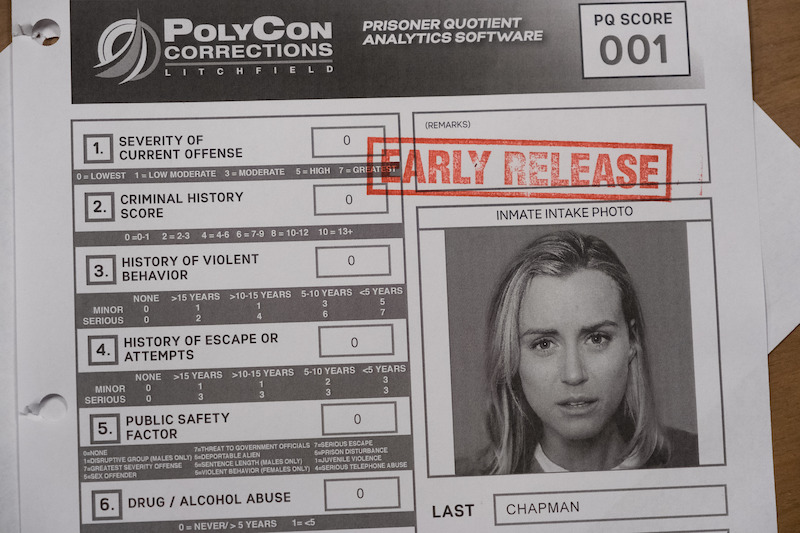 Paperwork for PolyCon Corrections showing Taylor Schilling as Piper Chapman in Season 6 of Orange Is the New Black. 