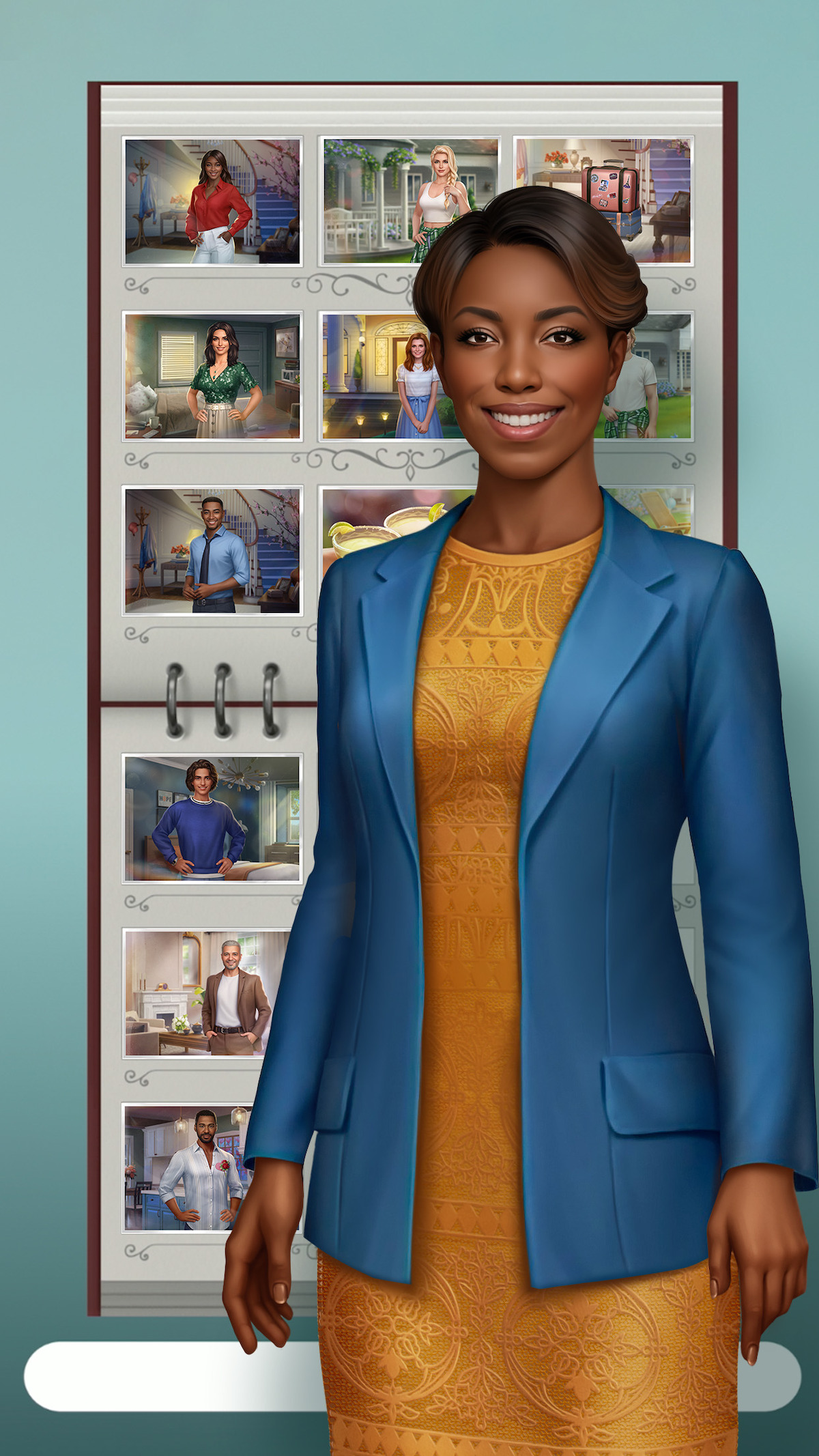 An in-game screenshot from the mobile game ‘Netflix Stories: Sweet Magnolias,’ featuring a woman standing in front of a photo album.