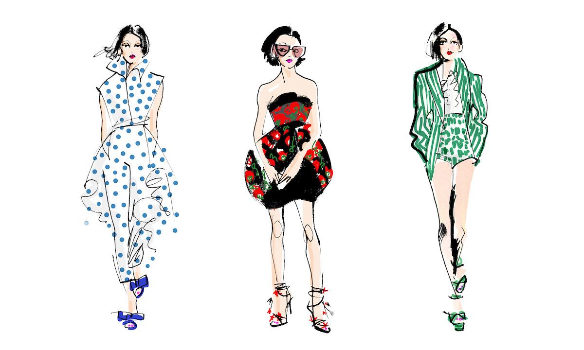 Illustrations of Emily Cooper in various outfits she wore in Season 3 of Emily in Paris while discovering a new side of her European adventure, life in Rome.