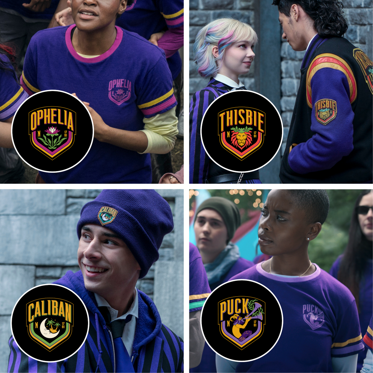 Grid of Nevermore students wearing the four Nevermore Academy House logos: Ophelia, Thisbie, Caliban and Puck.