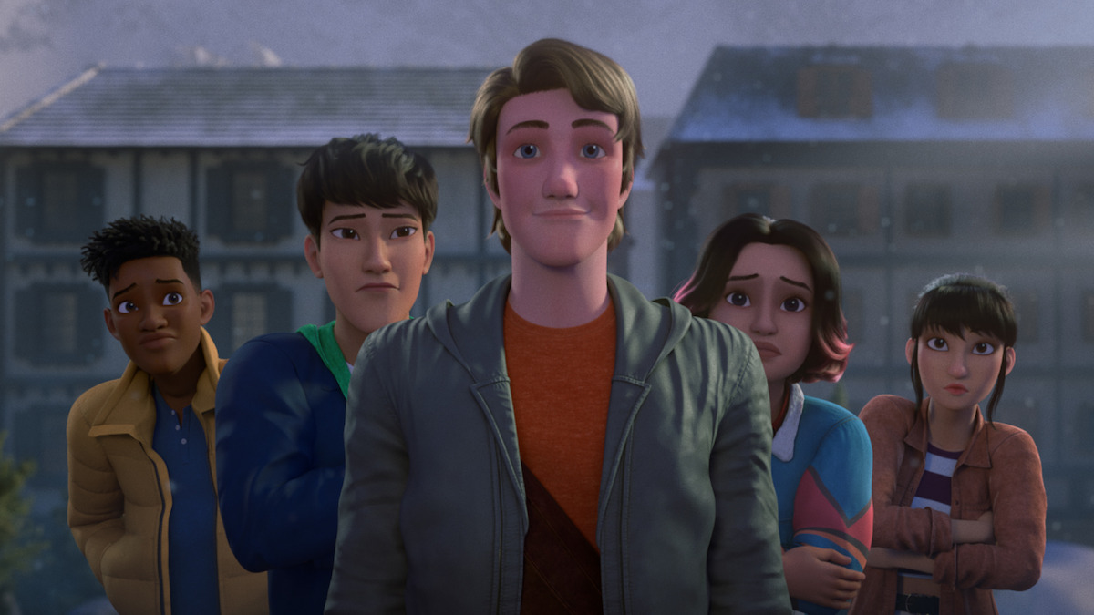 Animated still of a group of characters from Season 3 of 'Jurassic World: Chaos Theory'