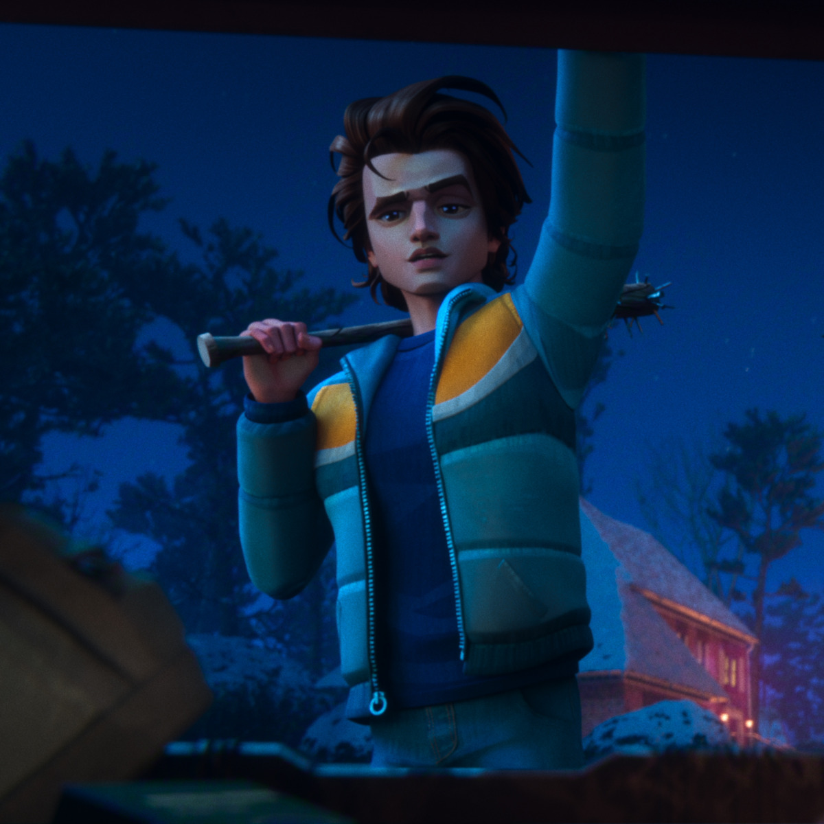 Animated teenager in a puffer jacket holds a spiked bat outside at night in a snowy suburban neighborhood, with trees and a house in the background.
