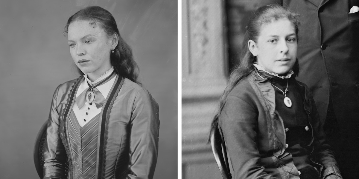 Two young women in Victorian-era clothing, seated and posing for formal portraits. Both have long hair and wear high-collared dresses with brooches, set against plain and ornate studio backdrops. The mood is serious and contemplative.