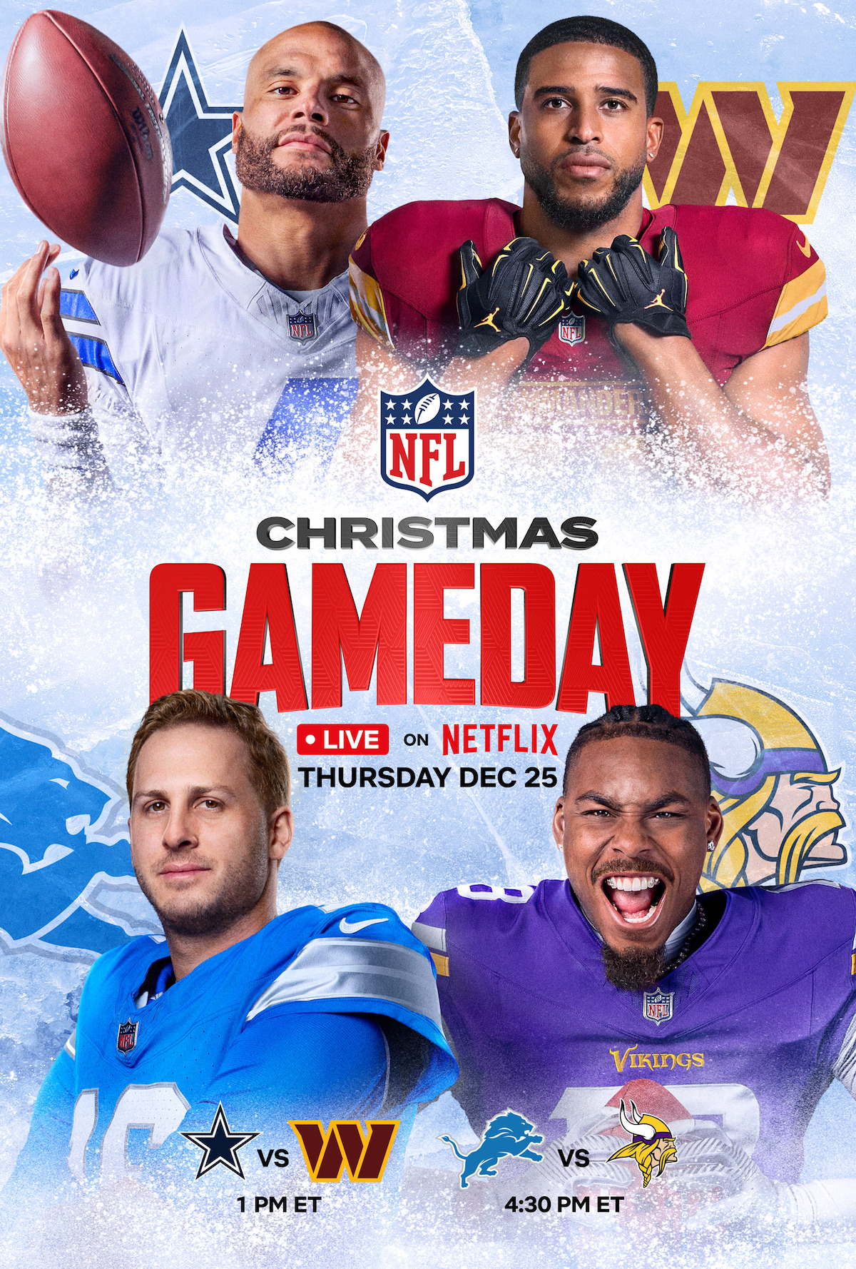 NFL Christmas Gameday promo in cozy living room with stockings, football helmets, fireplace, and decorated tree; Dallas vs Washington, Detroit vs Minnesota, live on Netflix December 25. Festive and warm mood.