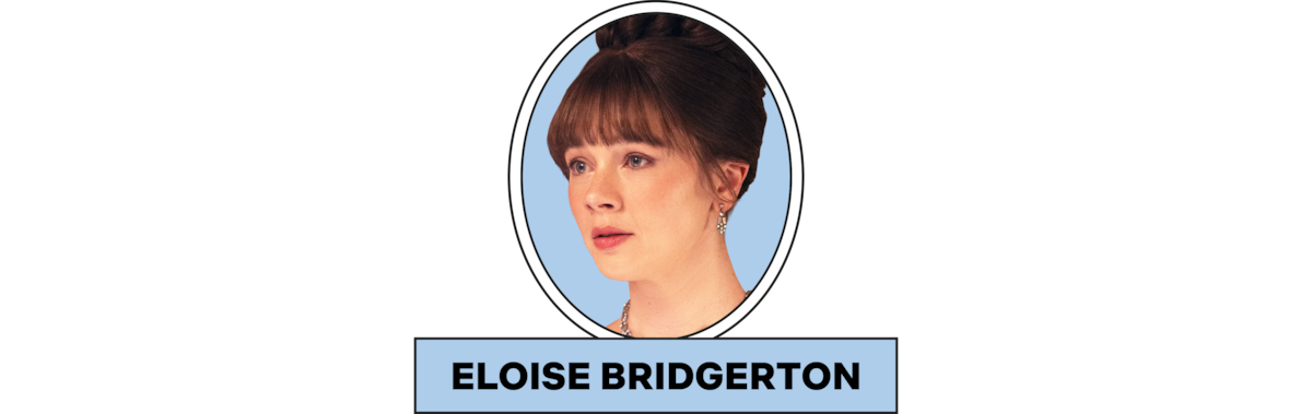 Retrato de uma mulher de cabelos castanhos presos e franja, em formato de camafeu, com fundo azul claro, dentro de uma moldura oval com a inscrição "Eloise Bridgerton" abaixo, sobre um fundo transparente quadriculado.