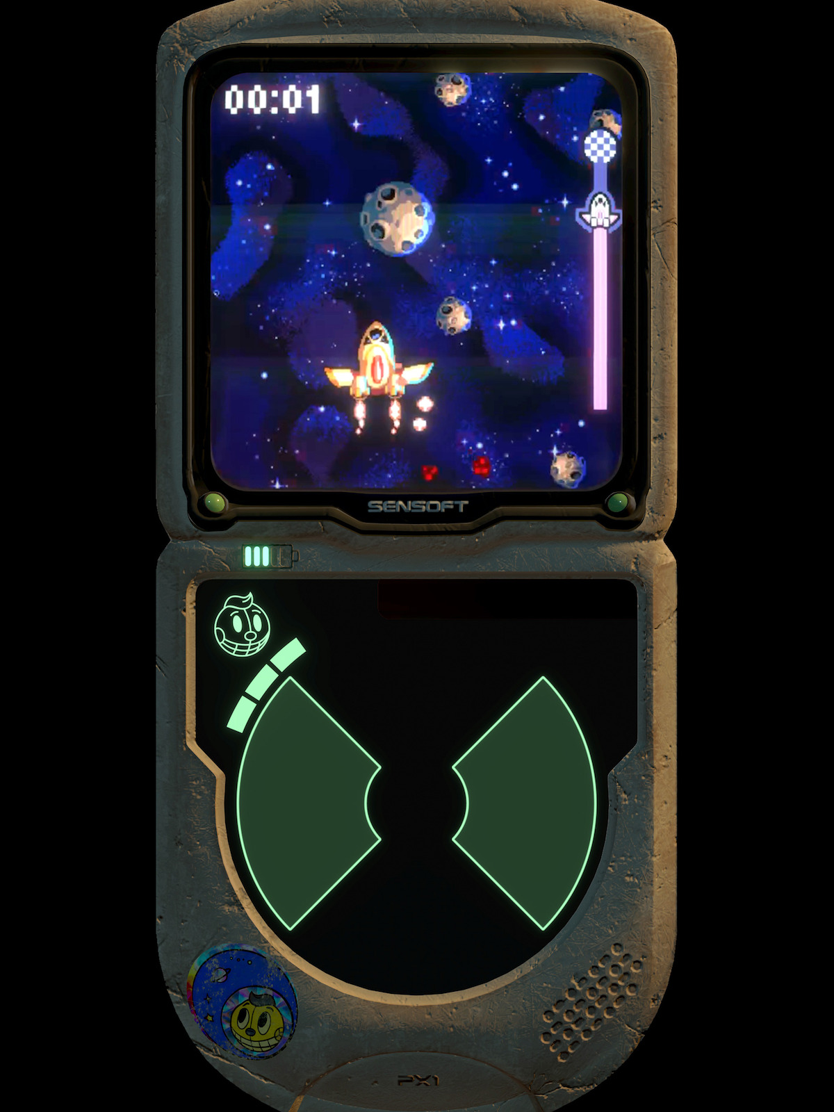 A retro handheld console displays a space shooter game with a small spaceship dodging asteroids. A timer counts up, and a goal marker is on the right. Below, a radar and health indicators glow.