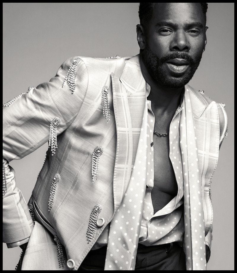 Colman Domingo in a bedazzled suit strikes a pose for a portrait. 