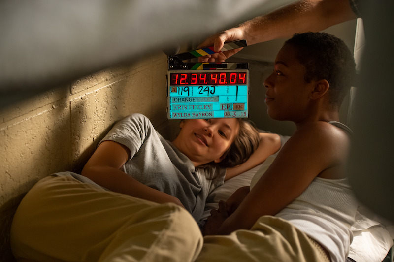 (L to R) Kimiko Glenn as Brook, Samira Wiley as Poussey on the set of Orange Is The New Black Season 4.