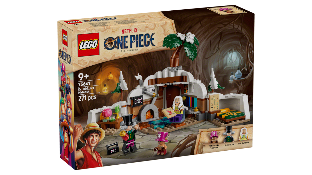 LEGO ONE PIECE Netflix set featuring a cave hideout with pirate flags, treasure, trees, and four character minifigures; packaging shows age, piece count, and series branding in an adventure-themed environment.