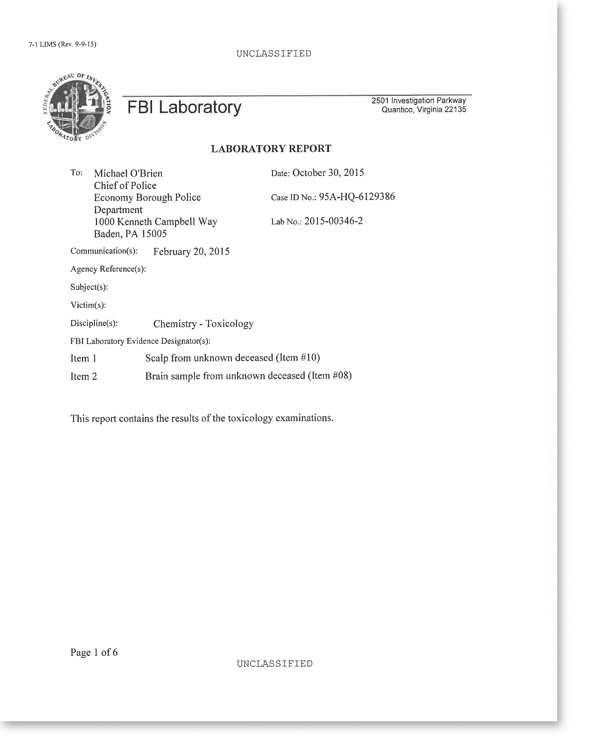 FBI Laboratory Report