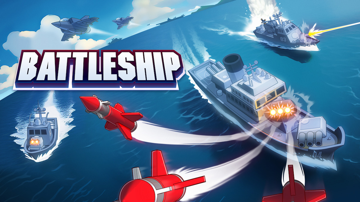 Battleship key art - cartoon battleships on the ocean firing off cartoon missiles.