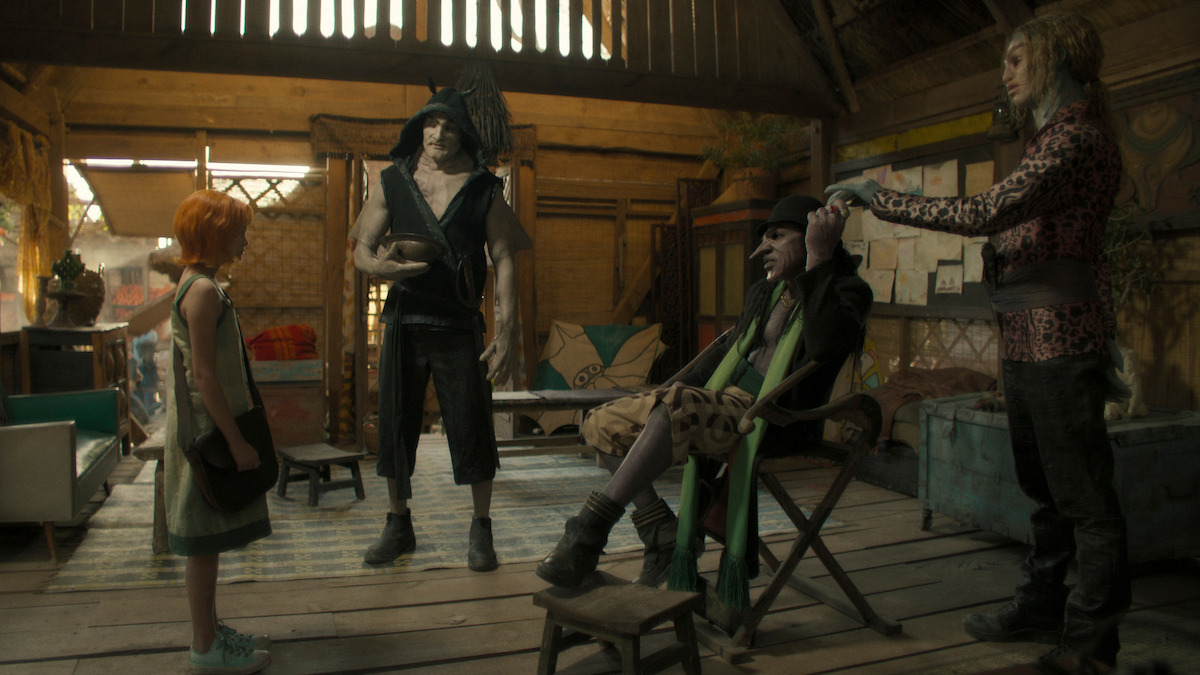 Lily Fisher as Young Nami, Jandre Le Roux as Kuroobi, McKinley Belcher III as Arlong, and Len-Barry Simons as Chu in ‘ONE PIECE’ Season 1