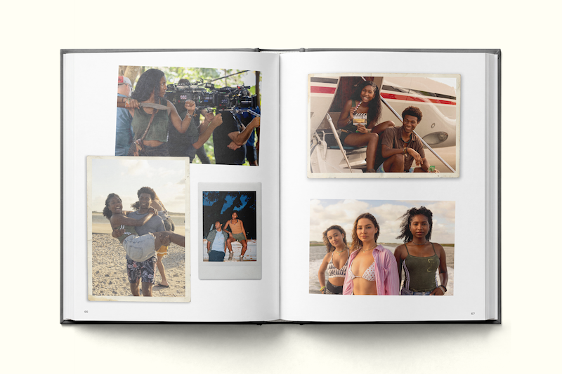 Open photo book displaying collage of women in various settings: filming on set, relaxing by a private jet, posing on a beach, and standing outdoors together. Photos capture candid moments with friends in sunny, casual environments.