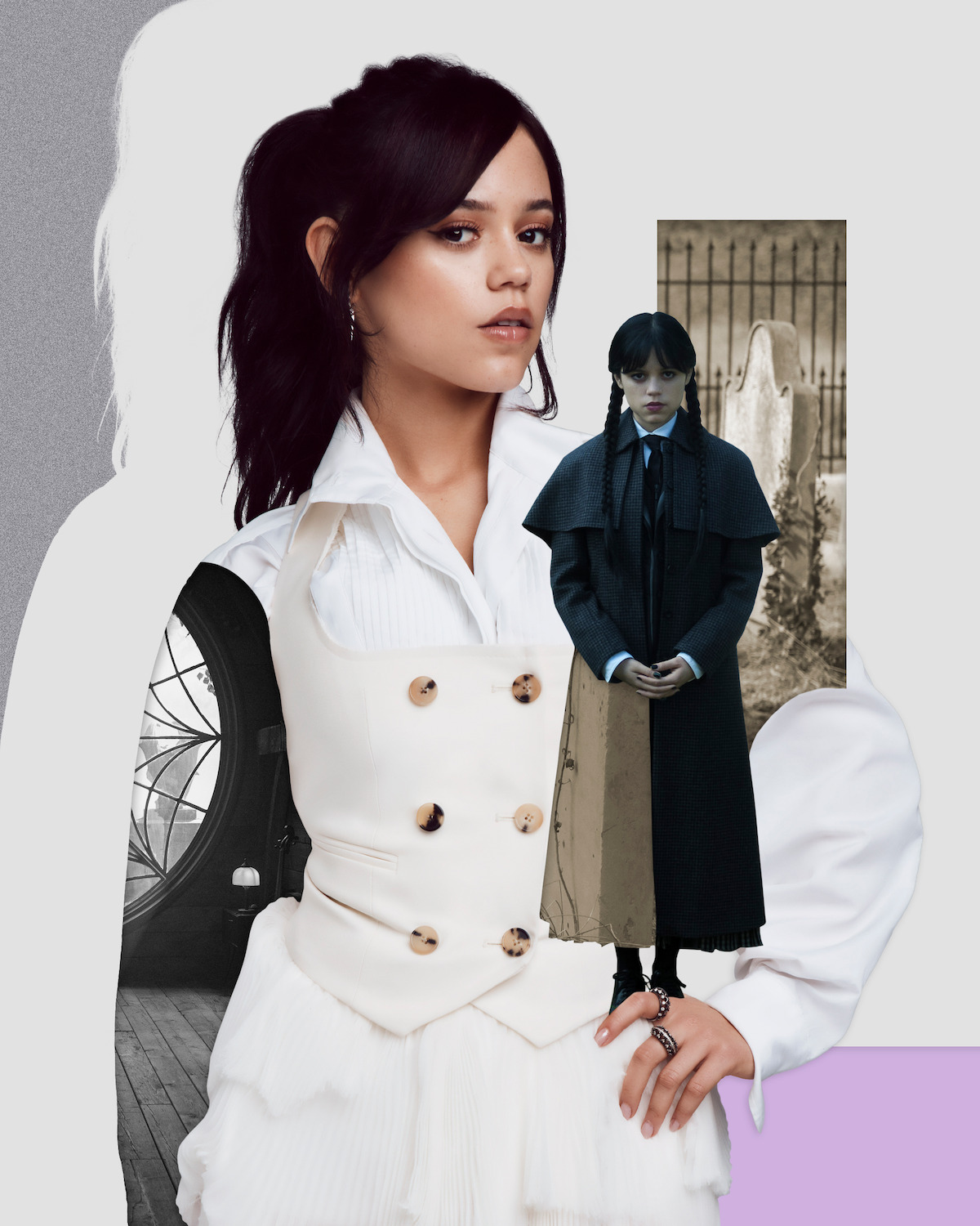 Photo collage featuring Jenna Ortega and her character, Wednesday Addams, from ‘Wednesday’ Season 2.
