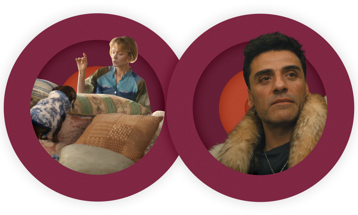 A spot photo illustration of Carey Mulligan as Lindsay surrounded by a sea of pillows and her dog Burberry butting up against a photo illustration of Oscar Isaac as Josh wearing a fur vest as he contemplates his relationship with Lindsay after a trip to Utah on Troy’s (William Fletcher) private jet in BEEF Season 2.