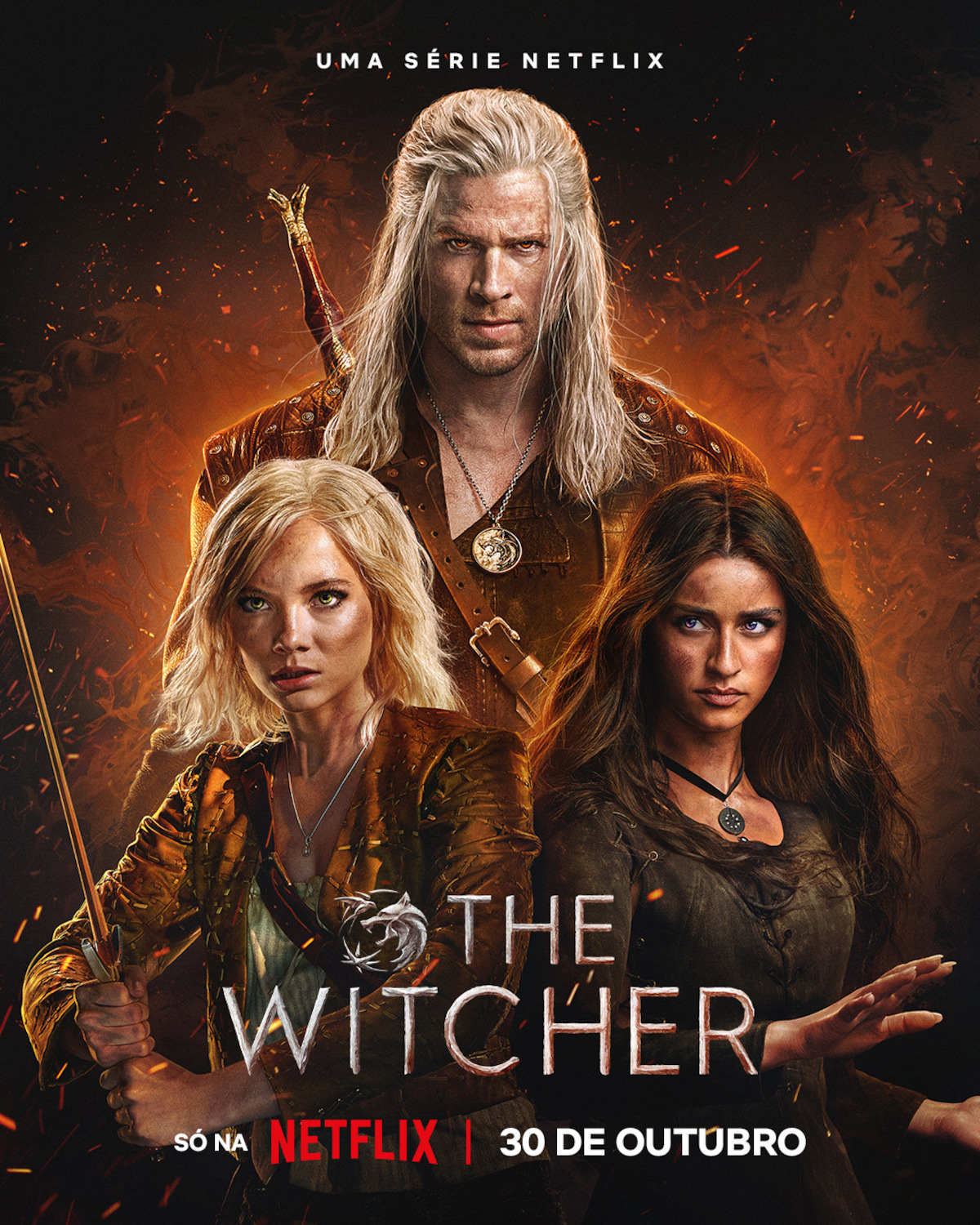 Arte de capa da temporada 4 de ‘The Witcher’, com Freya Allan, como Ciri, Liam Hemsworth, como Geralt de Rivia, e Anya Chalotra, como Yennefer.