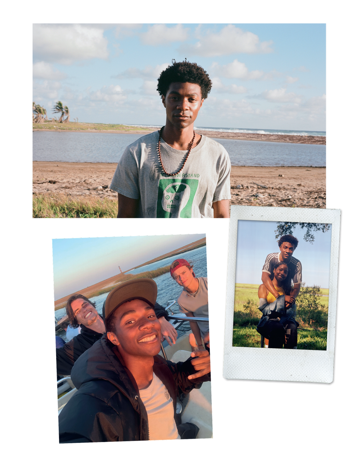 A collage featuring a young man at the beach, a group of friends on a boat by the water, and a candid Polaroid of friends outdoors, all in casual settings with natural backgrounds.