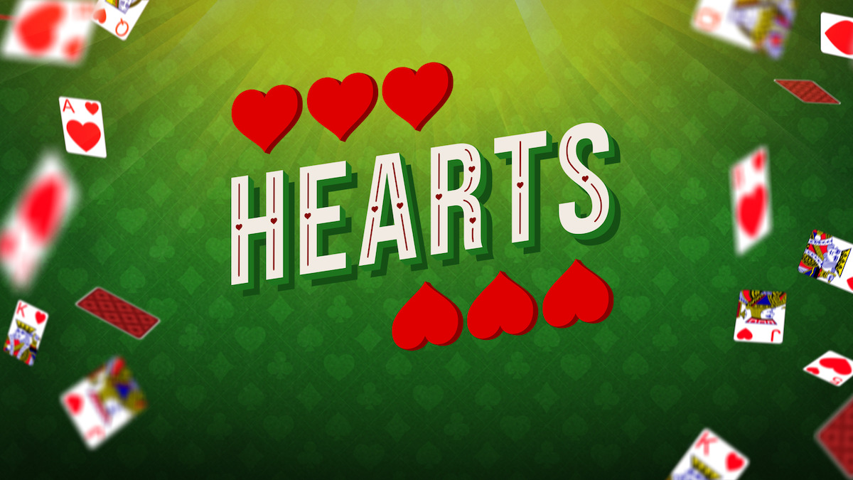 Hearts Key Art - Cards falling around the word Hearts, with heart emojis on top and underneath the word.