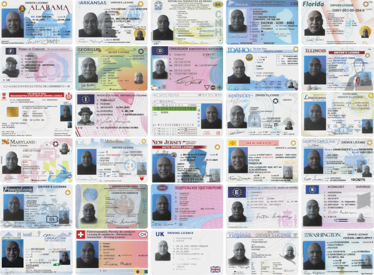 Grid of Uncle Fester’s fake driver’s licenses created for ‘Wednesday’ Season 2.
