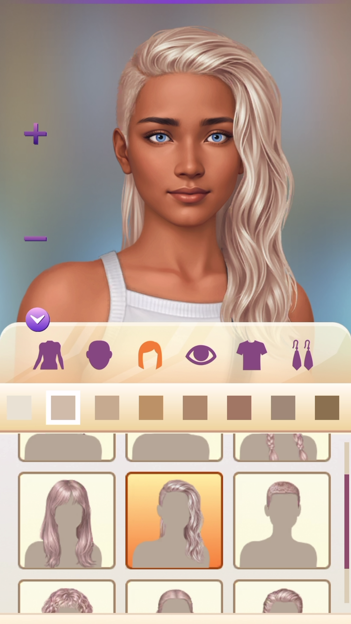 An in-game screenshot from the mobile game 'Netflix Stories: Outer Banks', showing a woman with blonde hair and various hairstyle customization options below