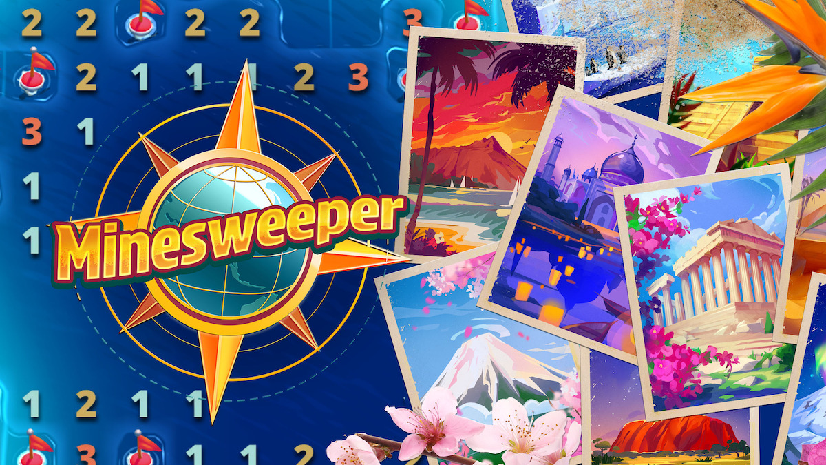 Minesweeper key art - A view of several iconic destinations on postcards next to the word ‘Minesweeper’