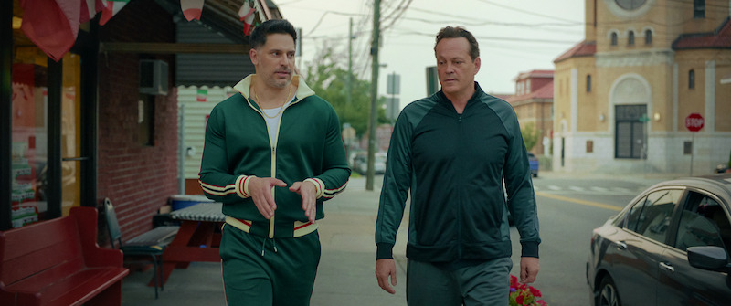 Joe Manganiello as Bruno and Vince Vaughn as Joe Scaravella in 'Nonnas'