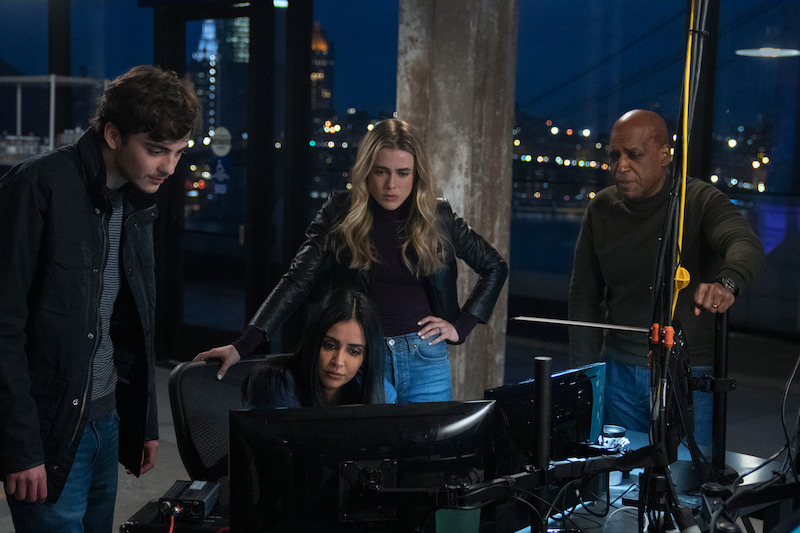 Cal (Ty Doran), Saanvi (Parveen Kaur), Michaela (Melissa Roxburgh) and Vance (Daryl Edwards) in Season 4 of Manifest.