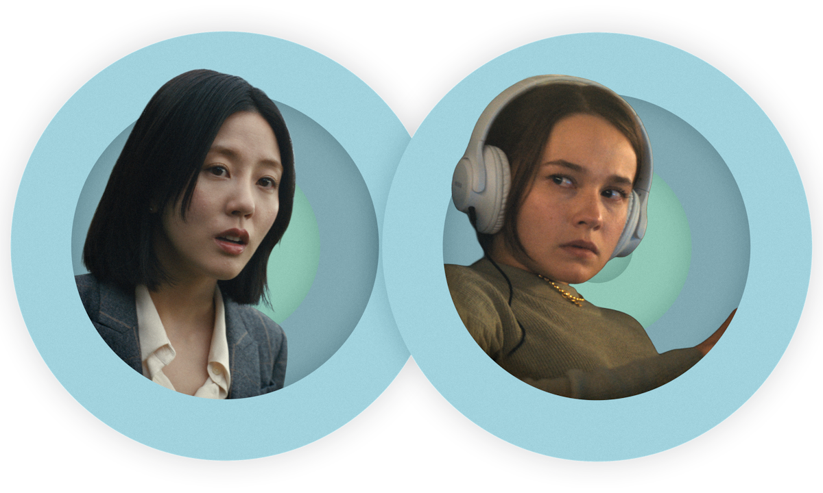 A spot photo illustration of Seoyeon Jang as Eunice wearing a blazer and blouse looking into the distance with a concerned facial expression butting up against a photo illustration of Cailee Spaeny as Ashley wearing headphones and giving major side eye in BEEF Season 2.