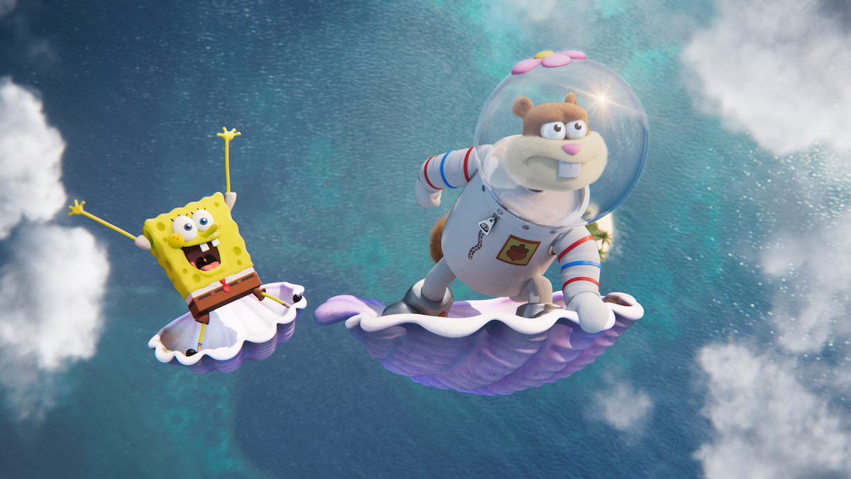 SpongeBob SquarePants (voiced by Tom Kenny) and Sandy Cheeks (voiced by Carolyn Lawrence) flying through the air on clams
