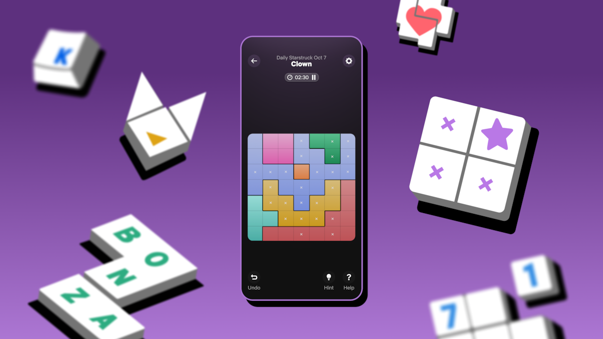 A mobile phone displays a colorful puzzle game on a purple background, surrounded by various game tiles with letters, numbers, and symbols. The mood is playful and engaging, emphasizing logic and fun in a digital environment.