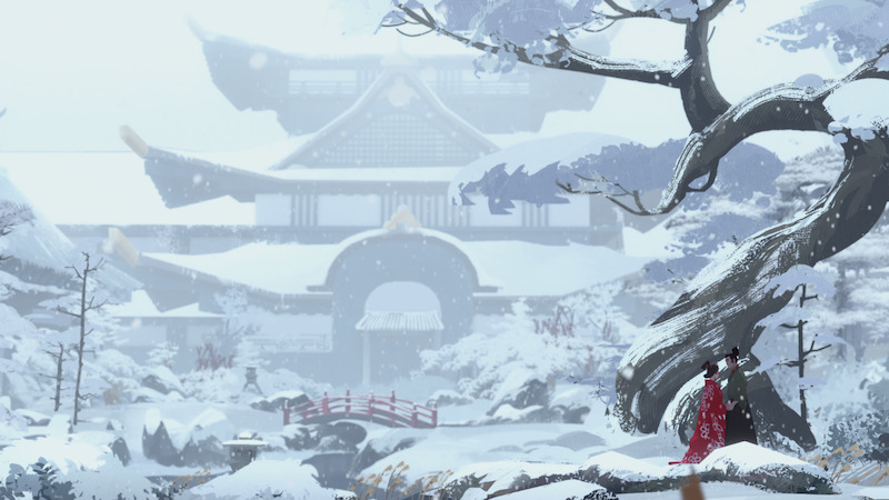 Snowy winter scene in Japan with a castle in background.