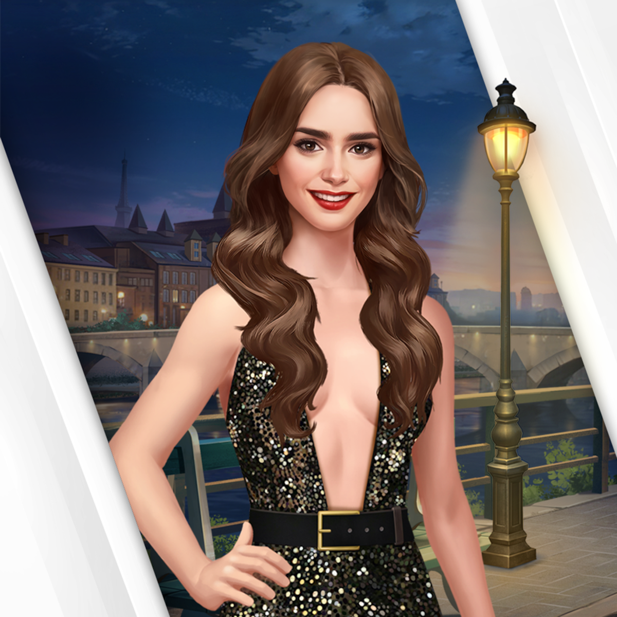 Game art for the mobile game ‘Emily in Paris,’ featuring Emily standing in front of the river Seine in Paris.