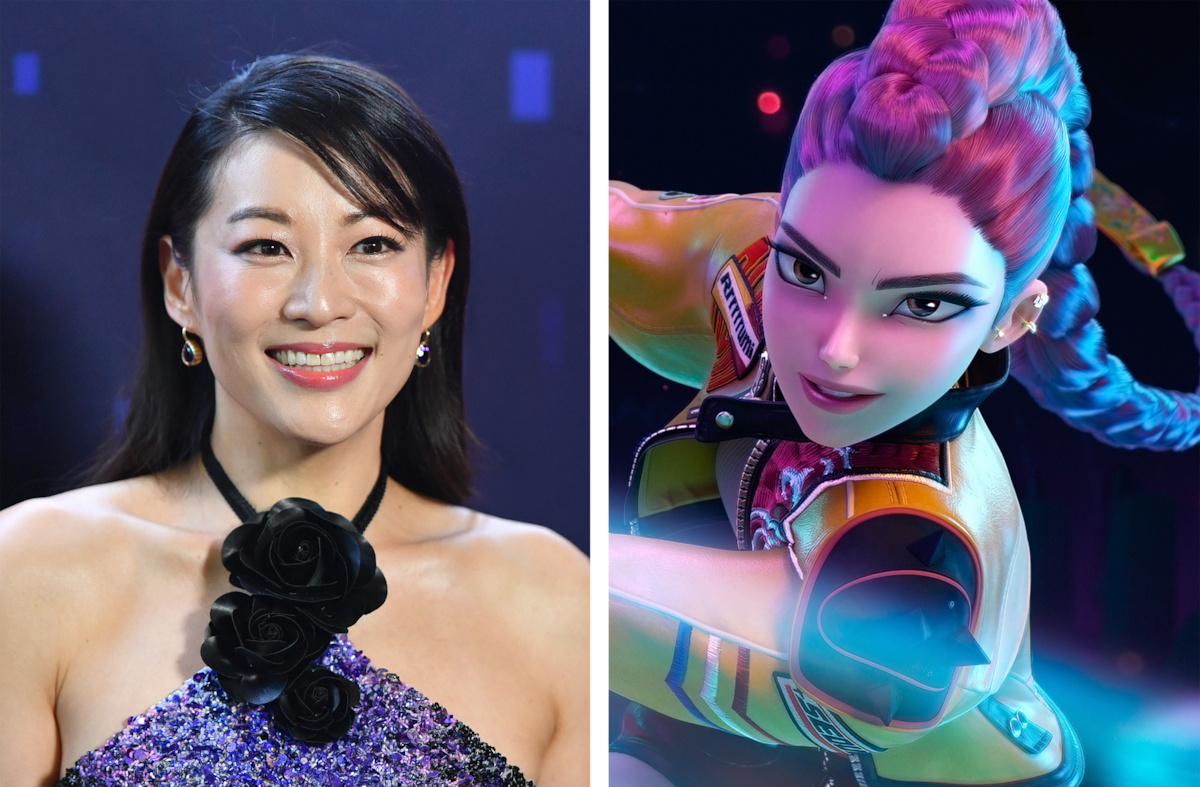 Arden Cho in formal attire smiles at an indoor event, next to Rumi, an animated female character with purple braided hair and a determined expression in a colorful, action-filled scene.