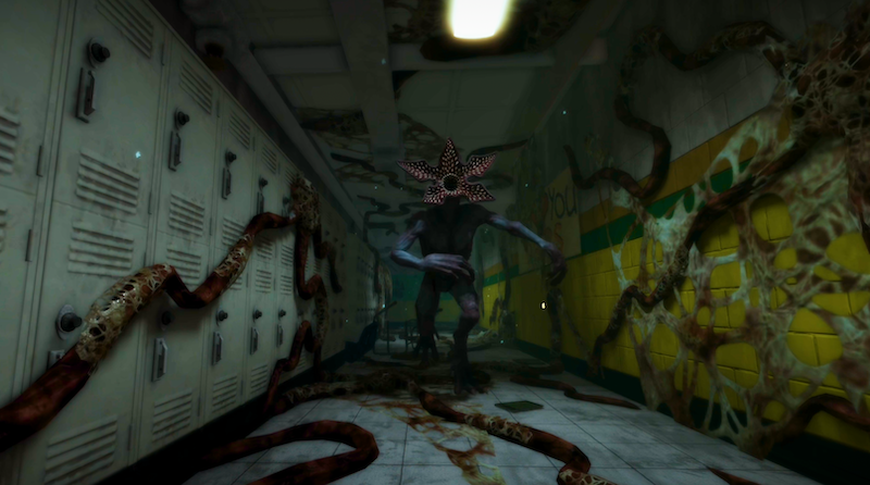 Gameplay image of the Demogorgon from 'Stranger Things' in a school hallway.