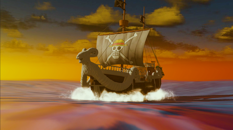 Gameplay image of a ship from 'ONE PIECE' with a pirate flag in the open seas.