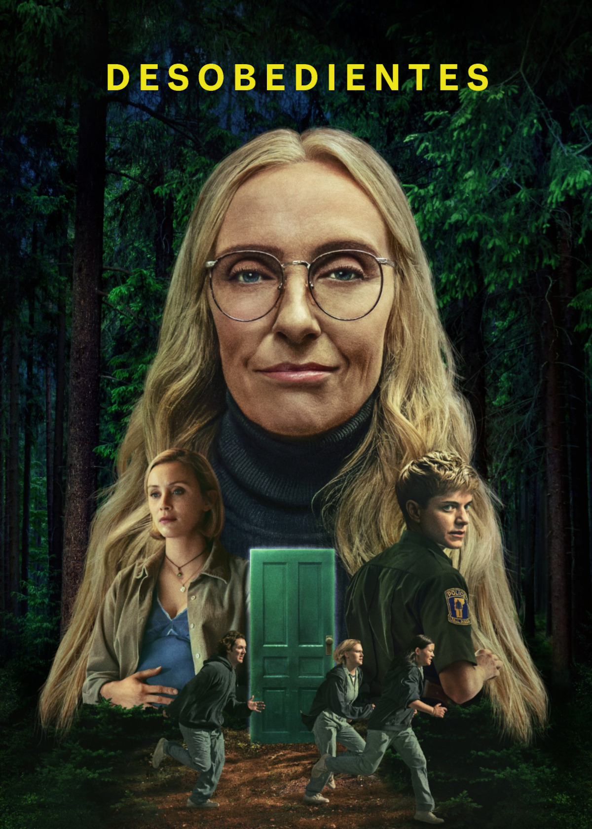 Arte principal de ‘Desobedientes’ com Toni Collette, Sarah Gadon, Mae Martin e adolescentes correndo