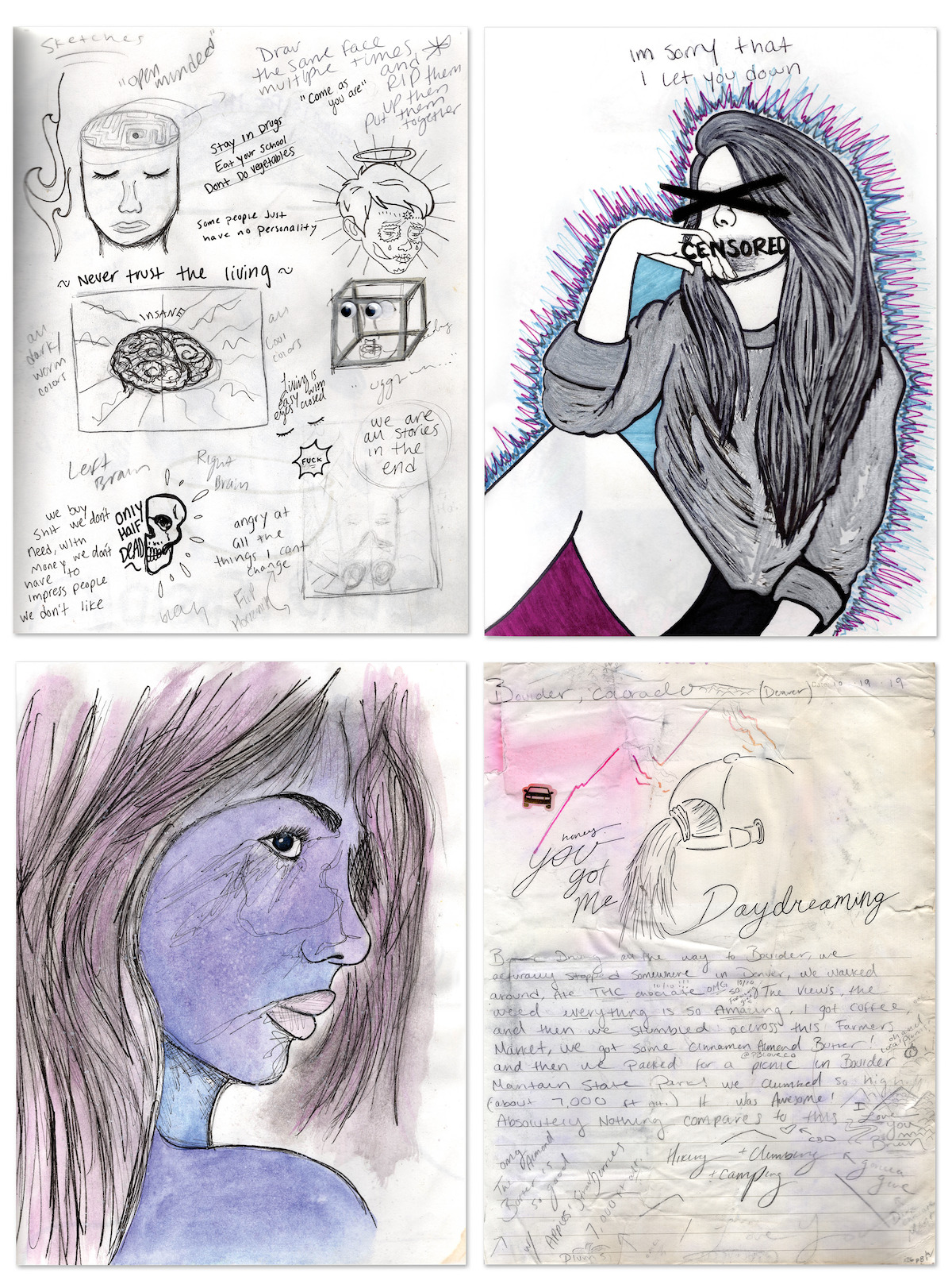 Pages of writing and drawings from Gabby’s notebook.