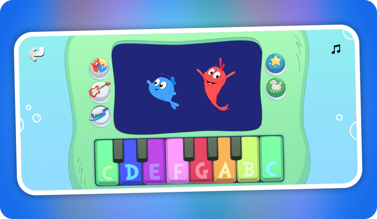 Cartoon sea creatures dance on a screen above a colorful piano keyboard labeled with musical notes C to B, set in an underwater-themed mobile app interface with music and tool icons.