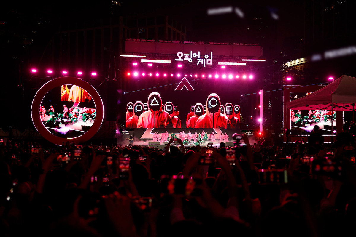 Stage with Pink Guards at a ‘Squid Game’ Season 3 fan event in Seoul.