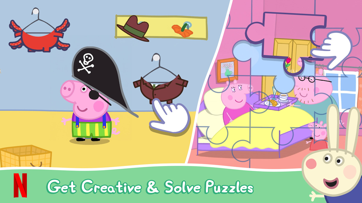On the left side, Peppa Pig plays a pirate and on the right, Peppa pig eats breakfast in bed.